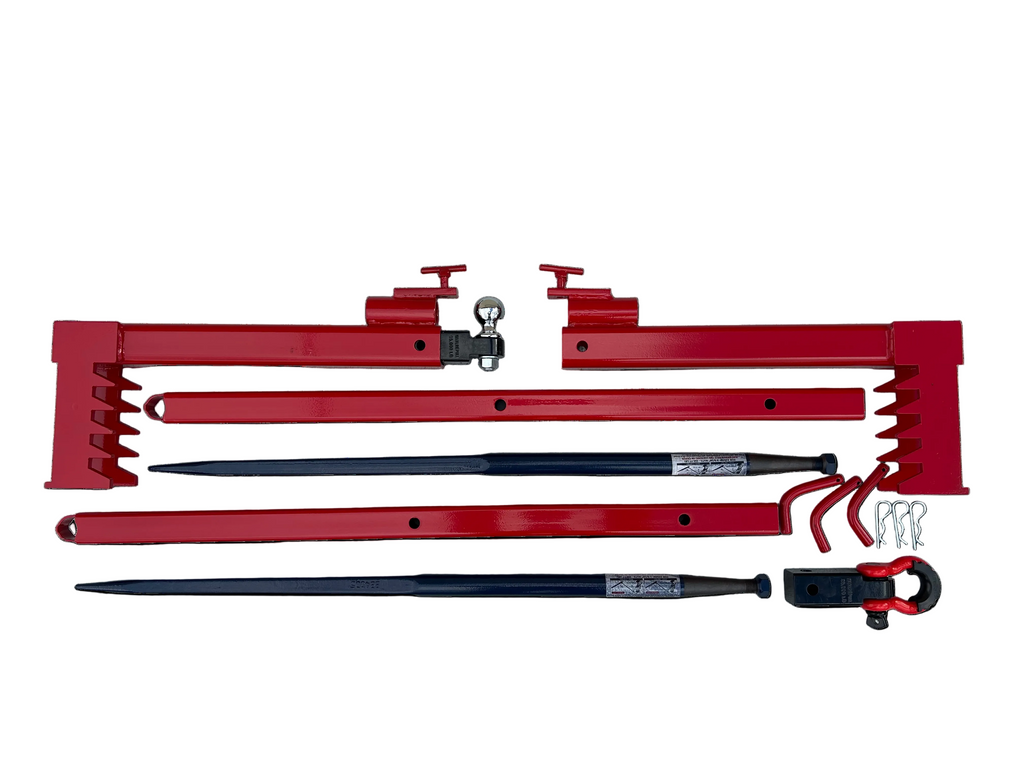 Contents of the BucketMate Kit, including hay spears, pallet forks, tow hitch and pins