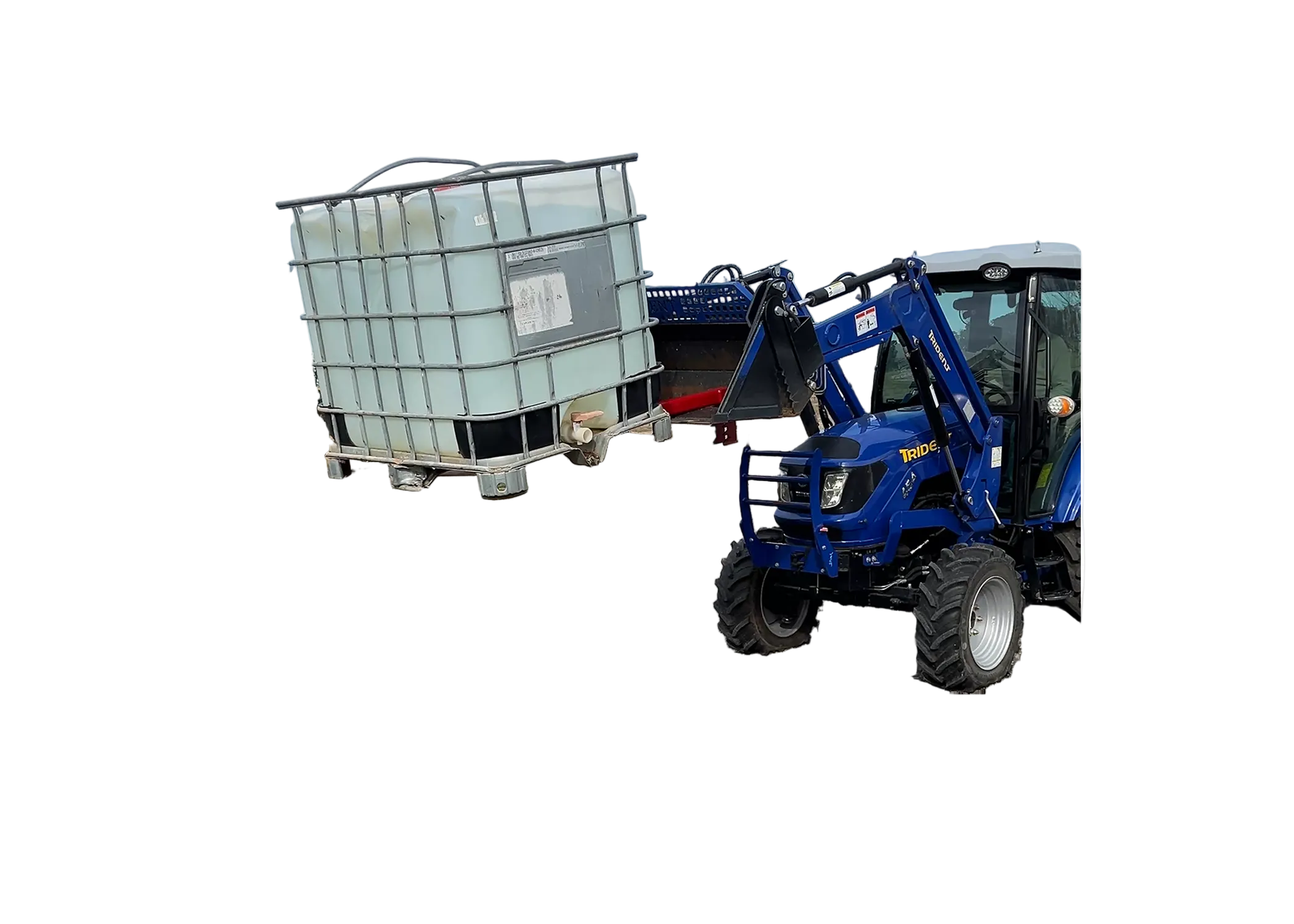 BucketMate in a 4-in-1 bucket with pallet forks attached, lifting a IBC tank